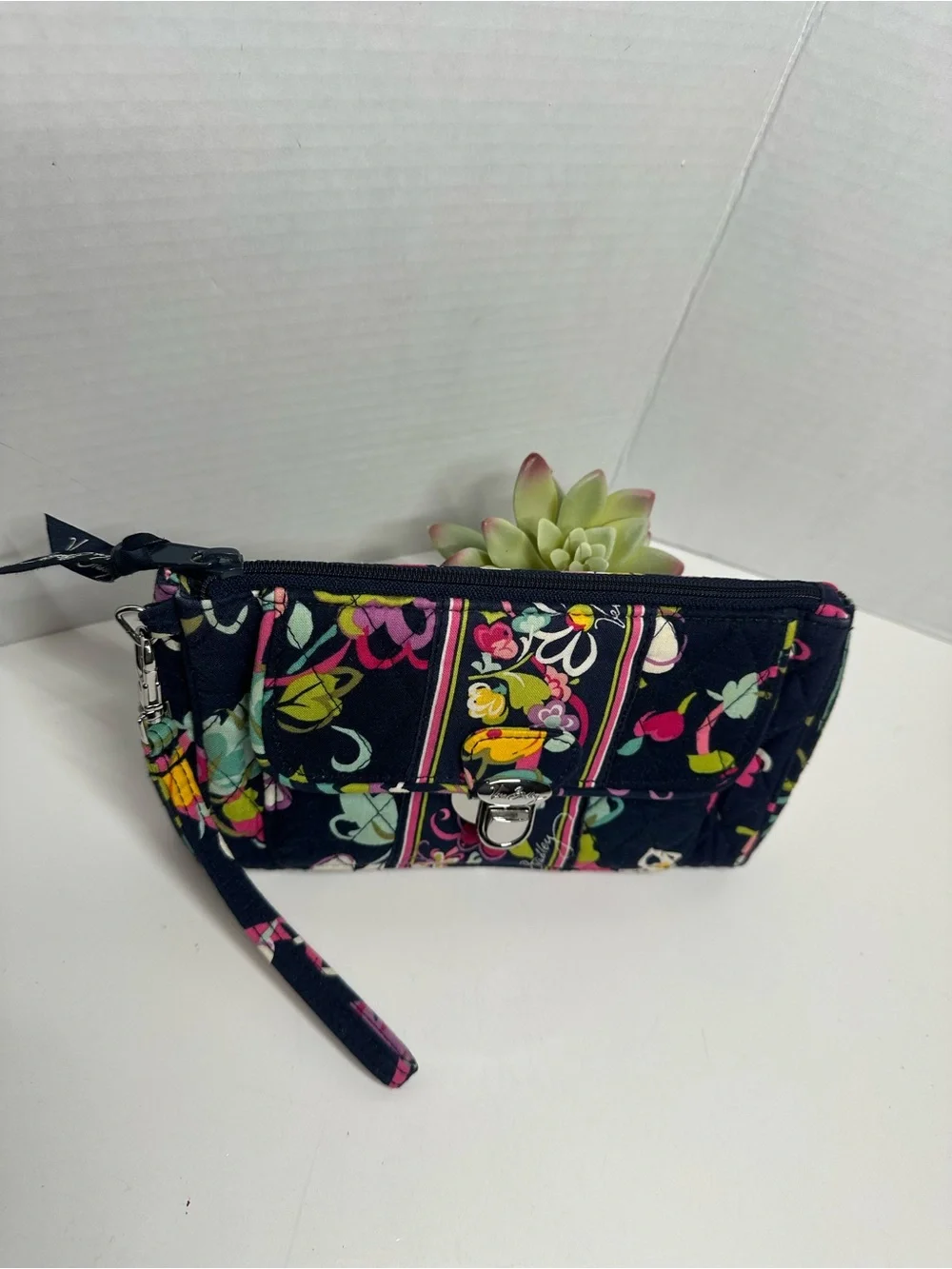 Vera Bradley Navy Quilted Floral Wristlet with Pink & Yellow Accents
